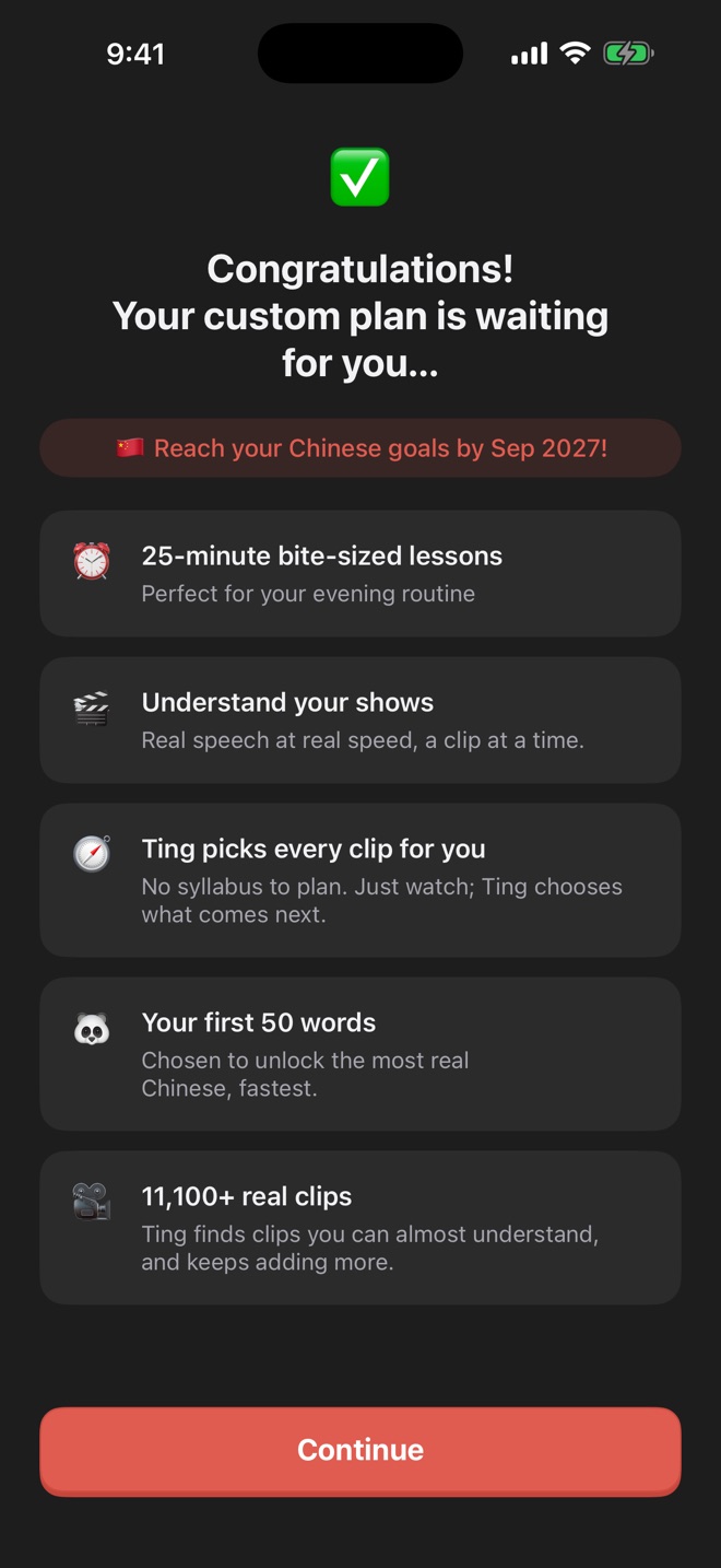 Your Ting plan: daily goal, first 50 words and real clips